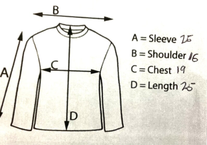 K&ouml;nnte beinhalten: Diagramm mit den Ma&szlig;en f&uuml;r ein lang&auml;rmliges Hemd. Die Ma&szlig;e sind: &Auml;rmel 15 Zoll, Schulter 16 Zoll, Brust 19 Zoll und L&auml;nge 25 Zoll.