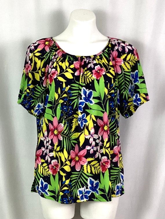 Rebecca Malone silky flowered sequin blouse - size