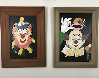 Folk art clown paintings-a pair