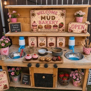 Pode incluir: Uma cozinha de brincar em madeira com uma placa grande com a inscrição Welcome to Mud Bakery, dois lava-loiças de metal com bombas azuis, uma porta de forno central e vários alimentos de brincar, incluindo queques, bolachas e morangos.
