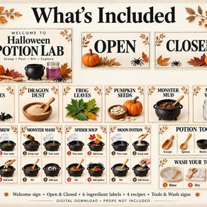 Mud Kitchen potion lab Printable Bundle, Pretend Play Set, Recipes, Menu, Signs (Digital Download)
