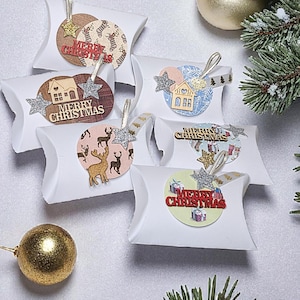 Christmas Pillow Gift Boxes with Handmade Tags – Holiday Favor Boxes, Party Gift Packaging, Stocking Stuffer Boxes