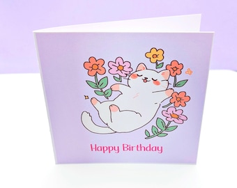 Carte d'anniversaire faite main avec un chat lilas pour elle