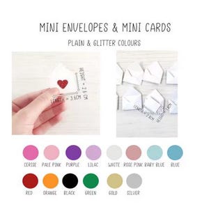 Peut inclure: Mini enveloppes et mini cartes de couleurs unies et paillet&eacute;es. L'image montre une enveloppe blanche avec un c&oelig;ur rouge paillet&eacute;, mesurant 3,6 cm de long et 2,6 cm de haut. D'autres enveloppes blanches sont &eacute;galement pr&eacute;sent&eacute;es. Une palette de couleurs est affich&eacute;e.