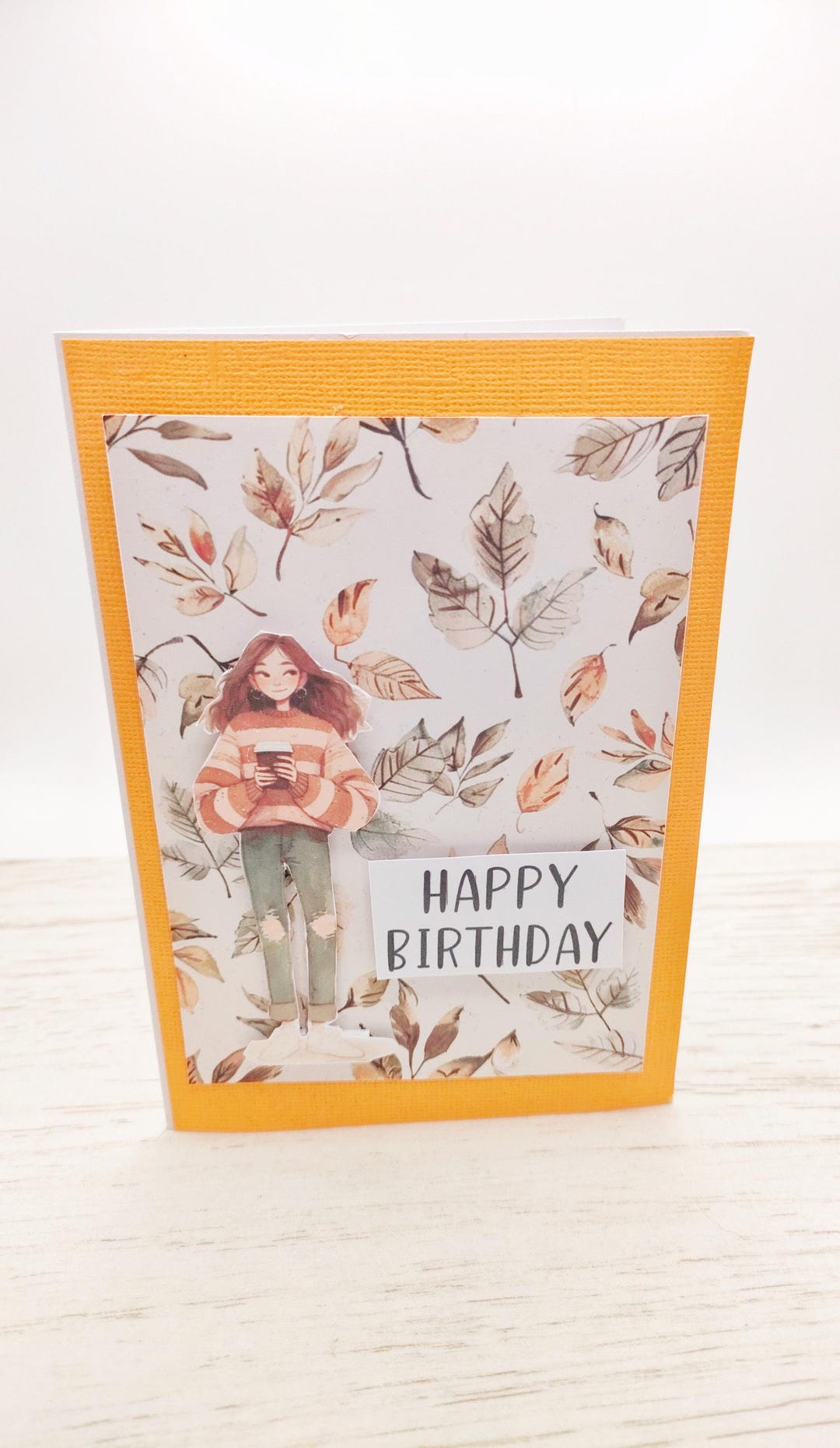 Cozy Autumn Girl Birthday Card | Handmade Greeting Card | Fall Leaves ...