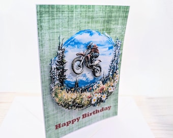 Carte d'anniversaire motocross aventure - voeux VTT fait main, cadeau pour papa