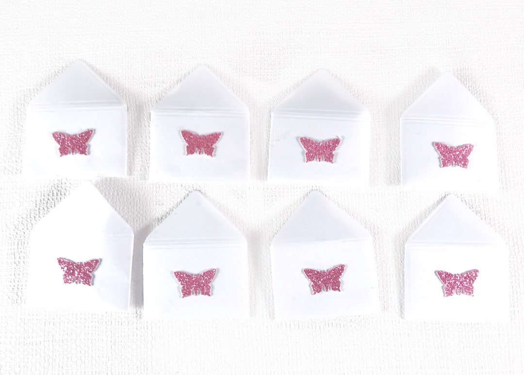 Set of 10, Miniature Envelopes and Cards, Pink Glitter Butterfly Cards ...