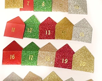x 25 calendriers de l'Avent de Noël scintillants, mini enveloppes, ensemble de compte à rebours