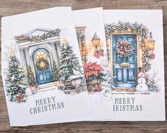 Cartes de Noël faites main | cartes de voeux de Noël | Lot de cartes de Noël Winter Doorway | Cartes de Noël 2025 | Portes de Noël