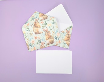 x 2 cartes de correspondance et enveloppes faites main de lapin, ensemble de papeterie de lapin de Cottagecore, cadeau mignon floral blanc