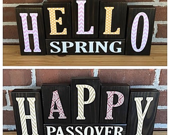 Happy Passover and Hello Spring Reversible Letter Block Set, Rustic Wood Decor for Shelf, Mantle or Tabletop