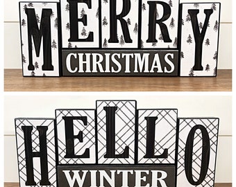 Reversible Black and White Christmas and  Winter Letter Block Set for Modern Farmhouse Shelf or Mantle Decor