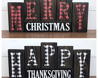 Reversible Plaid Merry Christmas and Happy Thanksgiving Letter Block Set for Mantle or Shelf Decor