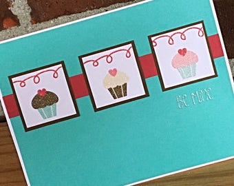 Be Mine Cupcake Valentine's Day Card, Handmade Cute and Simple Valentine