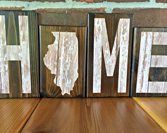 Illinois Home Rustic Wooden Letter Block Set, Farmhouse Style Decor for Shelf, Mantle or Tabletop