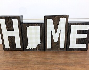 Indiana Home Wooden Letter Block Set, Tan Plaid Rustic Farmhouse Style Decor for Shelf, Mantle or Tabletop