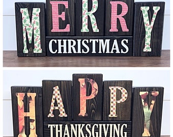 Reversible Merry Christmas and Happy Thanksgiving Letter Block Set for Mantle or Shelf Decor