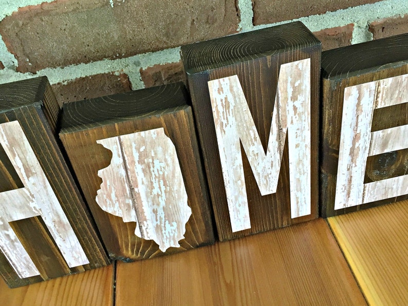 Illinois Home Rustic Wooden Letter Block Set, Farmhouse Style Decor for Shelf, Mantle or Tabletop image 5