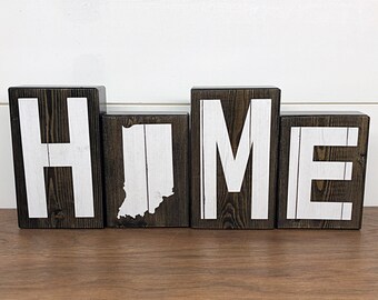 Indiana Home Wooden Letter Block Set, White Letter Rustic Farmhouse Style Decor for Shelf, Mantle or Tabletop