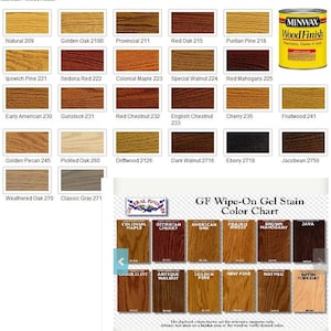 May include: A color chart for Minwax Wood Finish and General Finishes Wipe-On Gel Stain. The chart shows a variety of wood stain colors, including natural, golden oak, provincial, red oak, puritan pine, ipswich pine, sedona red, colonial maple, special walnut, red mahogany, early american, gunstock, red chestnut, english chestnut, cherry, fruitwood, golden pecan, pickled oak, driftwood, dark walnut, ebony, jacobean, weathered oak, and classic gray.