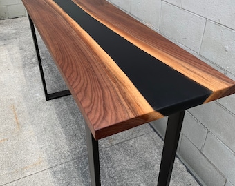 Black Walnut Live Edge River Table: Sofa Bar Table with Steel Legs