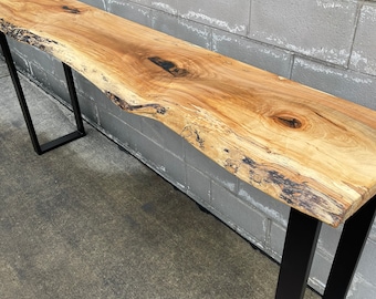Live Edge Sofa Bar Table: Industrial Steel Base, Rustic Wood
