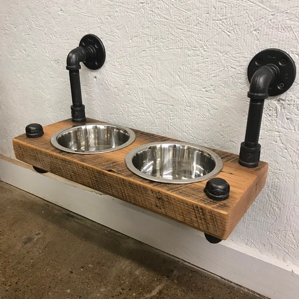 Reclaimed Barn Wood Floating Raised Dog Feeder