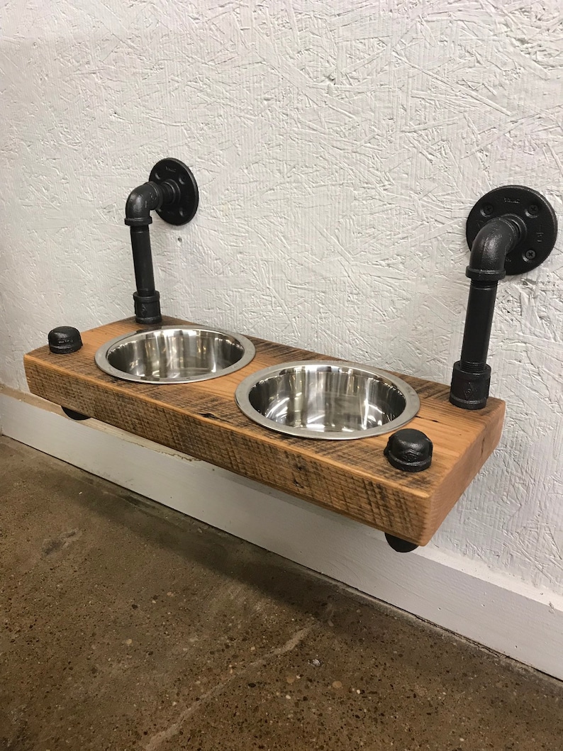 Reclaimed Barn Wood Floating Raised Dog Feeder Etsy Canada
