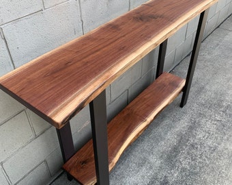 Live Edge Walnut Sofa Table: Handmade Industrial Steel Legs