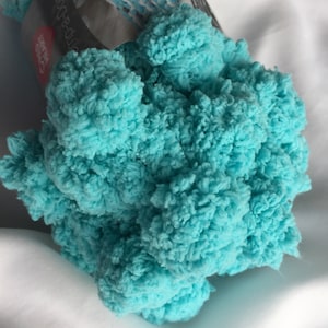 May include: A skein of teal blue yarn with a fluffy, pom-pom texture. The yarn is labeled "Super Chunky Pom Pom" and is packaged in a clear plastic bag.