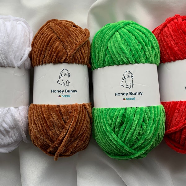 Honey Bunny Chenille Yarn ~ Hobbi 3.5 oz ~ 131 yds ~ Vibrant Colors Tomato ~ Shamrock ~ Caramel ~ White ~ Knit & Crochet ~ dcoyshouseofyarn