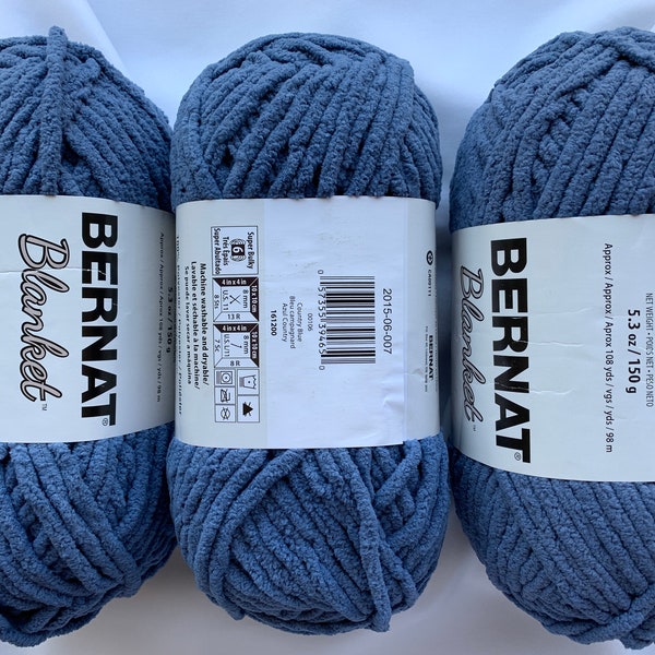 3 Pack COUNTRY BLUE 00106 Bernat  Blanket Yarn 5.3 oz ~150 g ~ 108 yds per Older Dyelots ~ Super Bulky Yarn ~ Chenille ~ dcoyshouseofyarn