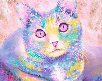 Pink Cat Painting - Cat Art Print on CANVAS or PAPER. Cat Canvas Wall Art by Krystle Cole