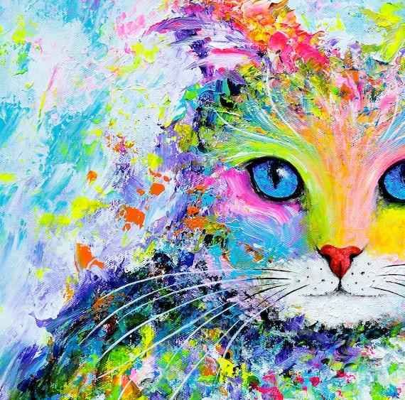 Gift for her Mixed Media Art Nursery Art Fantasy Art Kitty Art Rainbow Crazy Cat Lady Wall Decor Cat WallArt Watercolor Art Print