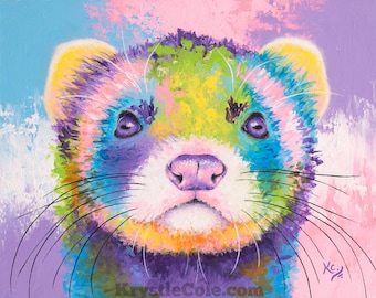 Ferret Art Print on Paper or Canvas of Rainbow Pop Painting by Krystle Cole