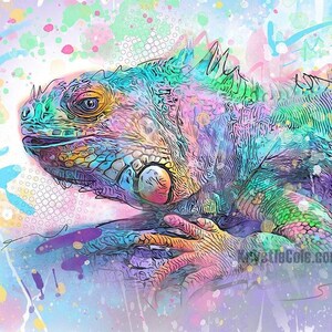 Impresión artística de iguana en LIENZO o PAPEL: pintura abstracta de reptiles. Obra de arte original de Krystle Cole. *Cada impresión está firmada a mano*