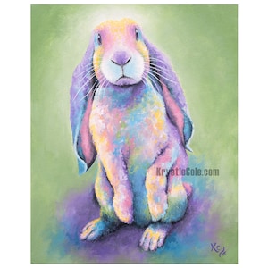 Rabbit Art Print on PAPER or CANVAS. English Lop Rabbit Standing. Pastel Bunny with Easter Colors. Rabbit Gifts. Painting by Krystle Cole