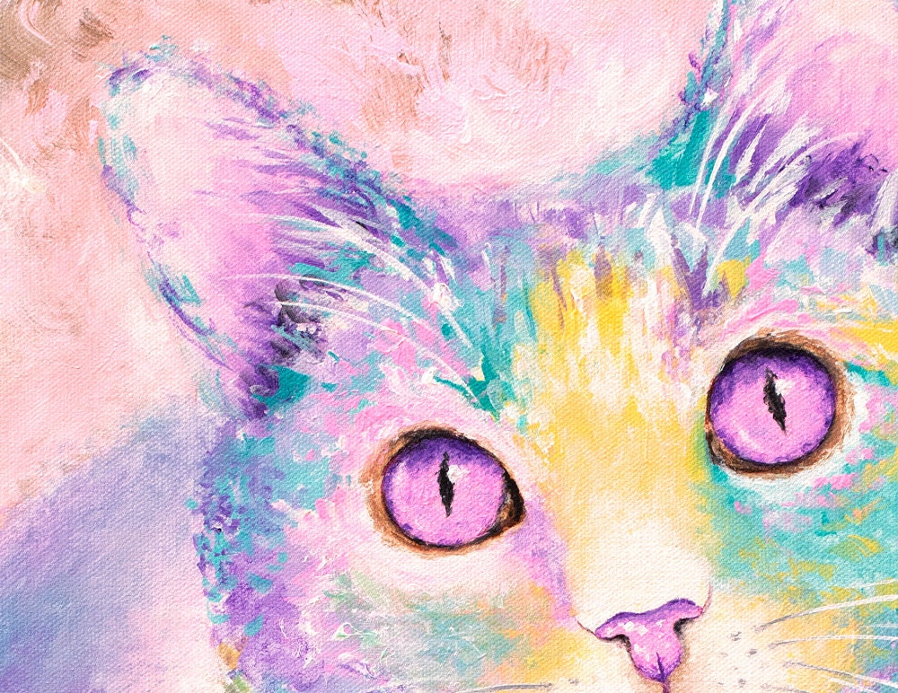 Pink Cat Painting Cat Art Print on CANVAS or PAPER. Cat Etsy
