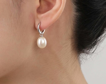 Large 10mm Freshwater Pearl Hoop Earrings, Rhodium Plated Solid Sterling Silver Drop, Minimalist Teardrop Dangle, Everyday Jewelry for Her