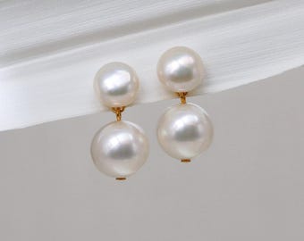 Large Double Pearl Earrings, White Freshwater Pearls 8.5mm and 10.5mm, 925 Silver or 14K Gold Filled Post, Bridal Earrings, Wedding Earrings