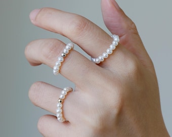 Real Pearl Ring, Handmade 3.5mm White Culture Freshwater Pearl Ring, Pearl Beaded Ring, 925 Silver/14K Gold Filled
