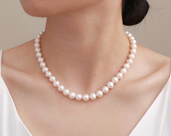 Stunning 8mm White Freshwater Pearl Cultured Necklace, Hand-Knotted Pearl Necklace On Silk, Solid 925 Sterling Silver Clasp, Classic