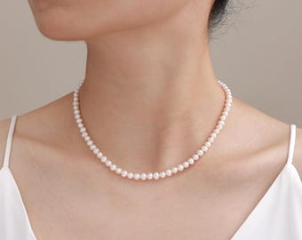 AAA 5mm Genuine Freshwater Pearl Necklace, Cultured White Small Pearl Bridal Necklace, Silk-Knotted Pearl Necklace, Minimalist Necklace
