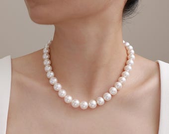 Hand-Knotted 11-12mm Freshwater Pearl Necklace on Silk, High Luster, Visible Blemishes, Solid 925 Sterling Silver Heart Clasp