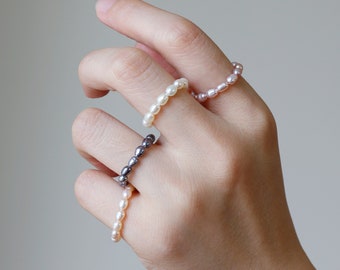 Genuine Rice Shape Freshwater Pearl Ring, Dainty Mini Pearl Ring, Beaded Pearl Ring, Handmade Pearl Ring, June Birthstone, Gift for Her