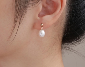 May include: A close-up of a gold earring with a white, teardrop-shaped pearl. The earring is attached to the earlobe. The pearl hangs below a small gold ball. The background is blurred.