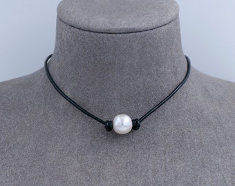 Pearl Necklace, Leather Pearl Necklace, Pearl Choker Necklace, Good Quality High Luster 11-12mm Real Freshwater Pearl, Single Pearl Necklace