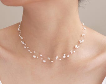 Three Layer Floating Pearl Necklace, Rice Pearl Necklace, 2mm 3mm 4mm High Quality Freshwater Pearls, Illusion Choker, Bride Bridesmaid Gift