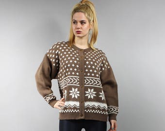 90s Brown Wool Blend Scandinavian Cardigan . Nordic Folk Geometric Print Bohemian Icelandic Casual Sweater M / L