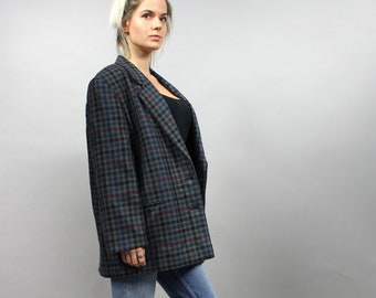 Vintage Pure Wool Checkered Blazer Jacket, Large L